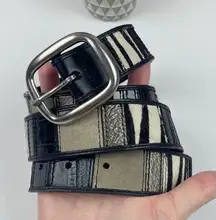 Fossil Leather Black Tan Cream Belt Zebra Print Animal Block Women Large