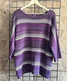 Chaps Womens Sweater 2X Purple Stripe 3/4 Sleeve Boat Neck Knit Cozycore