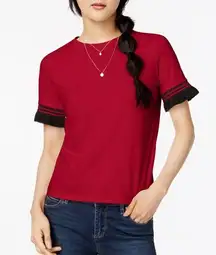 ZARA Ruffle Crew Neck Cropped Tee T-Shirt Contrast Size S Red Black