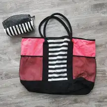 Victoria's Secret Island Getaway Beach Weekender Stripe Canvas Tote Bag 2 Pc Set