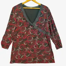 West End Abstract Circle‎ Print Lace Trim V-Neck Blouse Made in Mexico L