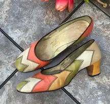 Vintage Mid Century Disco Square Toe Colorblock Leather Pumps Heels 9.5