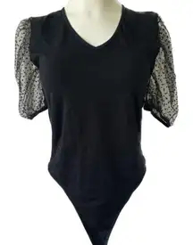Lark + Grey NWT Women's V Neck Puff Mesh Polka Dot Sleeves Bodysuit L XL