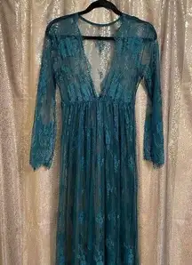 Emerald Green Fully Sheer Eyelash Lace Long Sleeve Maxi Dress S/M NWOT