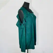 Seven7 Blouse Top L Knit Ruffle Cold Shoulder Long Sleeve Forest Green