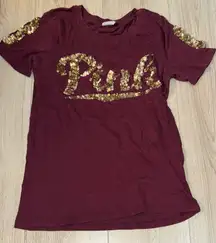 PINK Victoria's Secret Maroon purple Gold Sequin bling short sleeve shirt top