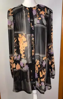 ASOS Floral Patchwork Print Sheer Button Up Long Sleeve Mini Dress US 14