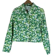Liz Claiborne Jacket Womens 10 Green Denim Floral Stretch 70s Retro Quirky Indie