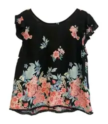 Twine and String Women’s Plus Floral Black Sheer Blouse Pom Pom Trim Size XL