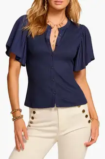 Ramy Brook Colette Navy Flutter Sleeve Top - Size Small