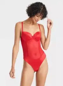 Auden Red Satin Mesh Keyhole Lingerie Bodysuit Underwire Thong Lined Cups