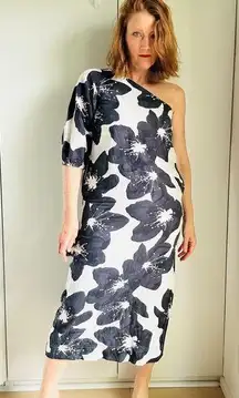 Something Navy Linen One Sleeve Midi Dress Floral Print Size Small Summer Vaca