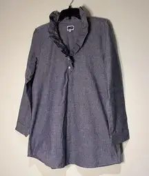 Mudpie Womens Medium Pullover Blue Chambray Dress Ruffle Neck Long Sleeve EUC