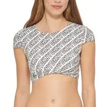 NWT DKNY Womens Cropped Logo-Print Bikini Top in Neon Logo Soft White Size XL‎