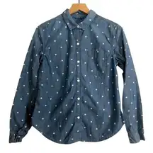 Gap 1969 Cotton Blue Denim White Polka Dots Button Up Long Sleeve Shirt Top