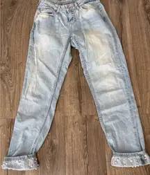 ZARA DENIM Pearl Embellished Pearl Cuffed Light Wash Boyfriend MaMa Jeans Women