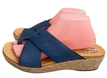 Kork Ease Women's Blue Leather‎ Cross Toe Ring Cork Wedge Sandals Size 10M EUC