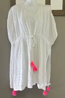 aerie White Striped Oversized Drawstring Beach/Pool V-Neck Coverup w/ Slits-XS-S