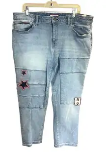 Vintage TOMMY HILFIGER Jeans Womens 16 Blue Boyfriend Straight Patches 90s Y2K