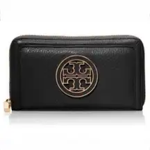 TORY BURCH | Amanda Continental Zip-around wallet Black Pebbled Leather Gold