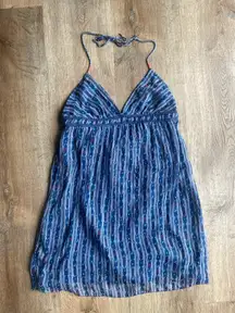 Aerie Blue Ikat Print Halter Mini Dress Size M Boho Sheer Lined Festival Beachy Vibes