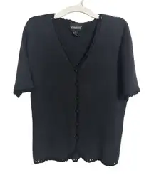 Vtg Y2K Designers Originals Studio Black Crochet Trim Knit Cardigan Large Gothic