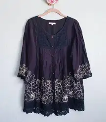 Rebecca Taylor Black Floral Eyelet 3/4 Sleeve Button Down Silk Blend Blouse