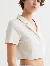 H&M Seersucker Cream Cropped Button-Up Top XS