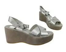 Kork-Ease Ava Metallic Silver Wedge Sandals Sz 7 Strappy Leather