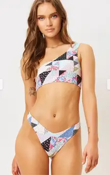 NWT Frankies Bikinis Barb One Shoulder Bikini Top in Patchwork Multi Pattern S