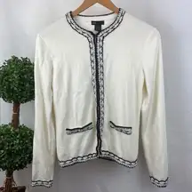 Grace Elements White & Black Woven Knit Long Sleeve Fitted Cardigan Sweater M