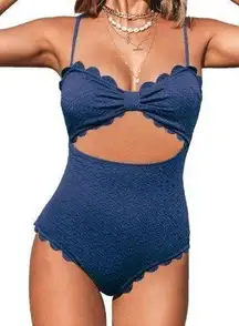 Cupshe - 1 pc. Black Knotted Scalloped Trim Cutout swimsuit - Medium Dark Blue