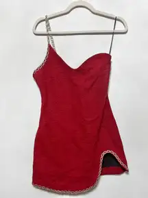 asymmetric chain trim one shoulder red mini dress