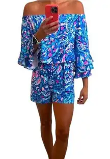 Lilly Pulitzer Off The Shoulder Calla Romper Size XXSMALL Blue Colorful