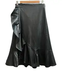 Gracia Black Faux Vegan Leather Tie Wrap Ruffle Detail Midi Skirt Large Chic