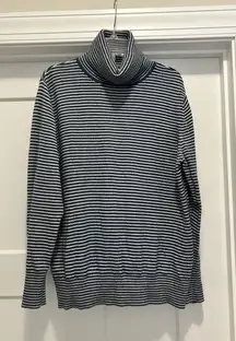 LL Bean Blue Striped Turtleneck Sweater Petite Medium Nautical Classic Preppy