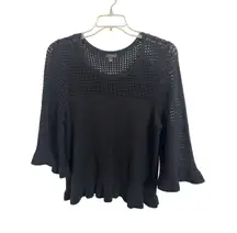 Black Sheer Open Knit 3/4 Bell Sleeve Sweater Size Large Whimsigoth Dark Romance