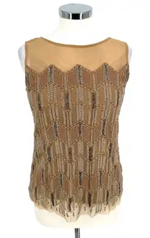 Sundance Beaded Moondusk Top Sleeveless Mesh Beige Tan Size Medium Petite