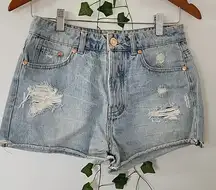 Refuge Light Blue High Waist Button Fly Denim Jean Distressed Shorts