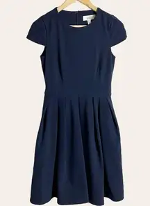 Belle Badgley Mischka Navy Cap Sleeve Pleated A-Line Knee Length Dress Size 2