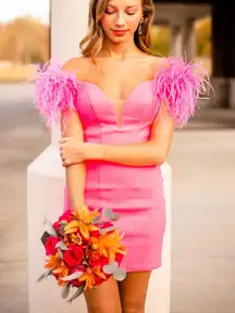 Elegant Pink Off-Shoulder Dress with Feather Details