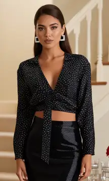 NWT ZARA Black White Polka Dot Satin Tie Front Bow Detail Blouse Bloggers Fave