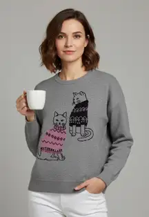 Double Knit Cat sweater from Beldinni Grey kitties graphic design Sz Large