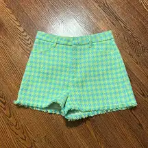Zara Blue Green Houndstooth High Waisted Shorts