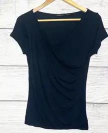 Tahari Black Short Sleeve Surplice V Neck Faux Wrap Drape Top Size Small