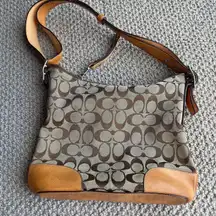 Coach Brown Tan Logo Canvas Hobo Signature Tote Bag