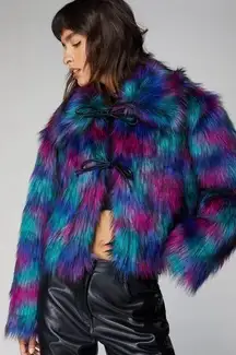 Nasty Gal Premium Multicolour Faux Fur Tie Detail Coat