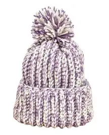 Crochet Handmade Chunky Ribbed Beanie  Cream Purple Pompom Warm Hat Cap