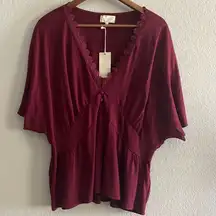 Melloday Women Burgundy Red Low V neck Flutter Sleeves Top Size XL