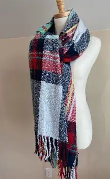 American Eagle Plaid Blanket Scarf Shawl Oversized Popcorn Fringe Comfy Cozy